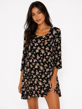 Kimchi Blue Floral Mini Dress Medium Boho Swing Black Rayon Babydoll